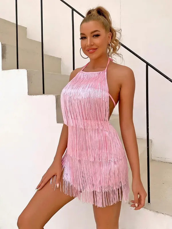 Women's Fringe Trim Halter Neck Romper, Elegant Tie Back Backless Romper for Party Club Dating, Ladies Summer Clothes Valentine's Day, gift 0