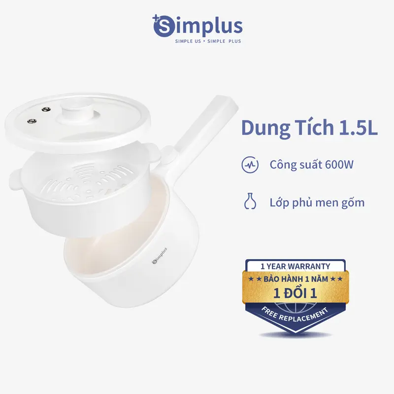 SP02 Nồi Lẩu Điện Đa Năng Simplus Dung Tích 1,5L DZGH002, Nồi Điện Nấu Ăn Kèm Xửng Hấp Bảo Hành 1 Năm Chỉ Đổi Không Sửa 0
