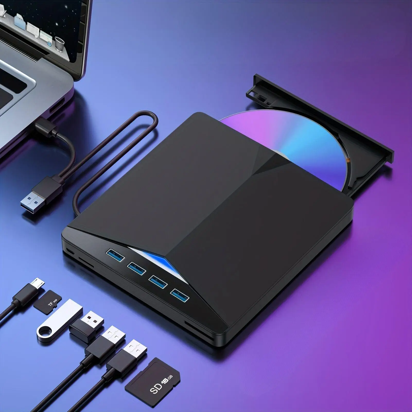 7-in-1 USB 3.0 & Type-C External DVD Drive, Portable CD/DVD Burner for Laptop & Desktop, Compatible with Mac, Windows, Linux