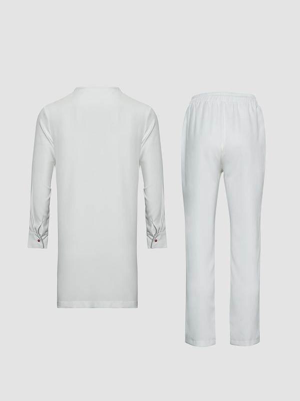 Men's Contrast Binding Split Hem Two-Piece Set, Regular Fit Traditional Fake Buttons Top & Elastic Waist Pants, Traditional Outfits, Men's Two-Piece Outfits For Party 1