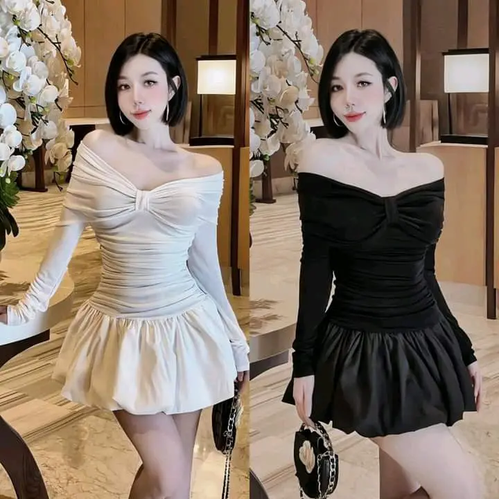 váy tiểu thư trễ vai thiết kế nơ cách điệu xinh. kèm quần lót trong xinh xịnnnnnn