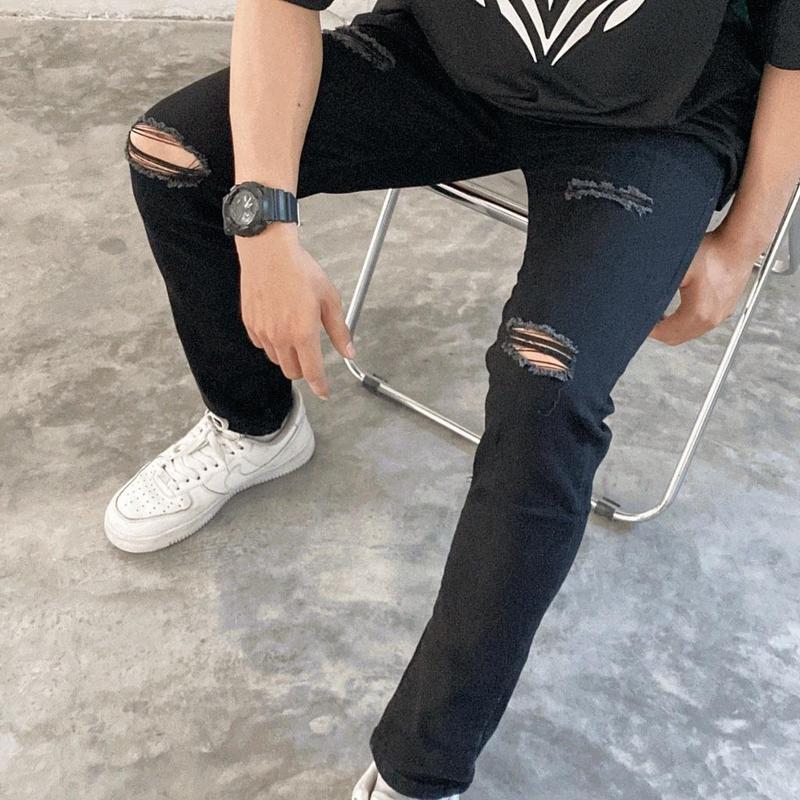 Quần jeans đen rách gối nhiều nam co giãn tốt dáng slimfit skinny phom ôm hà nội hcm Menswear Có Túi Pants 3
