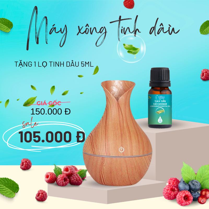 COMBO Máy Khuếch Tán Tinh Dầu Làm Thơm Phòng Máy Xông Tinh Dầu Tulip Đa Chức Năng 130ml Vân Gỗ Đèn Led Đổi Màu Tặng Kèm 1 lọ 5ml tinh dầu tự chọn