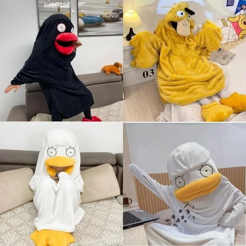 Anime Cosplay Homewear White Duck Kigurumi Pajamas Party Costume Halloween Flannel Sleepwear Adult Cartoon Nightgown With Slipper