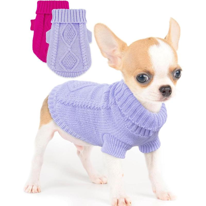 TikTok Shop 2 Pieces Chihuahua Clothes Small Dog Sweater Spring Winter Cute Knitwear Turtleneck Thick Warm Clothes for Yorkie Cat Extra Small Dog Clothes X Small Plaid Rose Purple