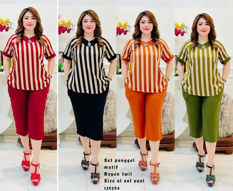 TOP - Setelan Katun Rayon Twill 136564 - Set Salur 7per8 - Celana Kulot Pendek - Atasan Motif Salur 4