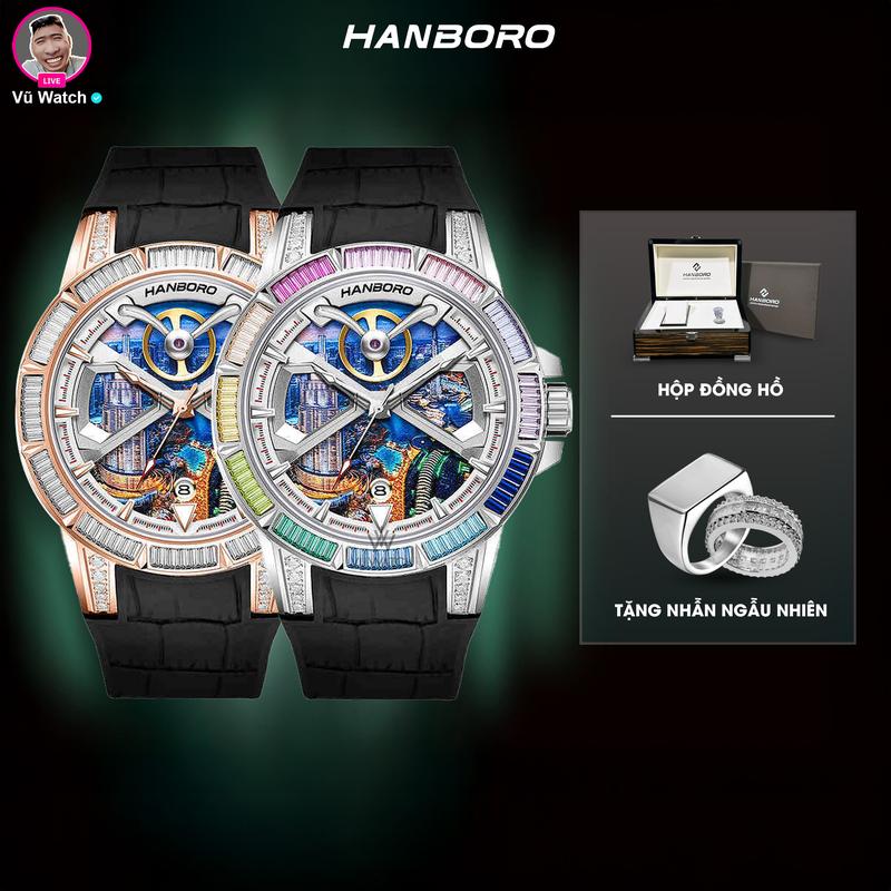 Đồng Hồ Cơ Nam HANBORO DUBAI 841 [4446] VIỀN ĐÍNH ĐÁ | Miễn phí 1 lần thay kính + Tặng 1 chiếc nhẫn