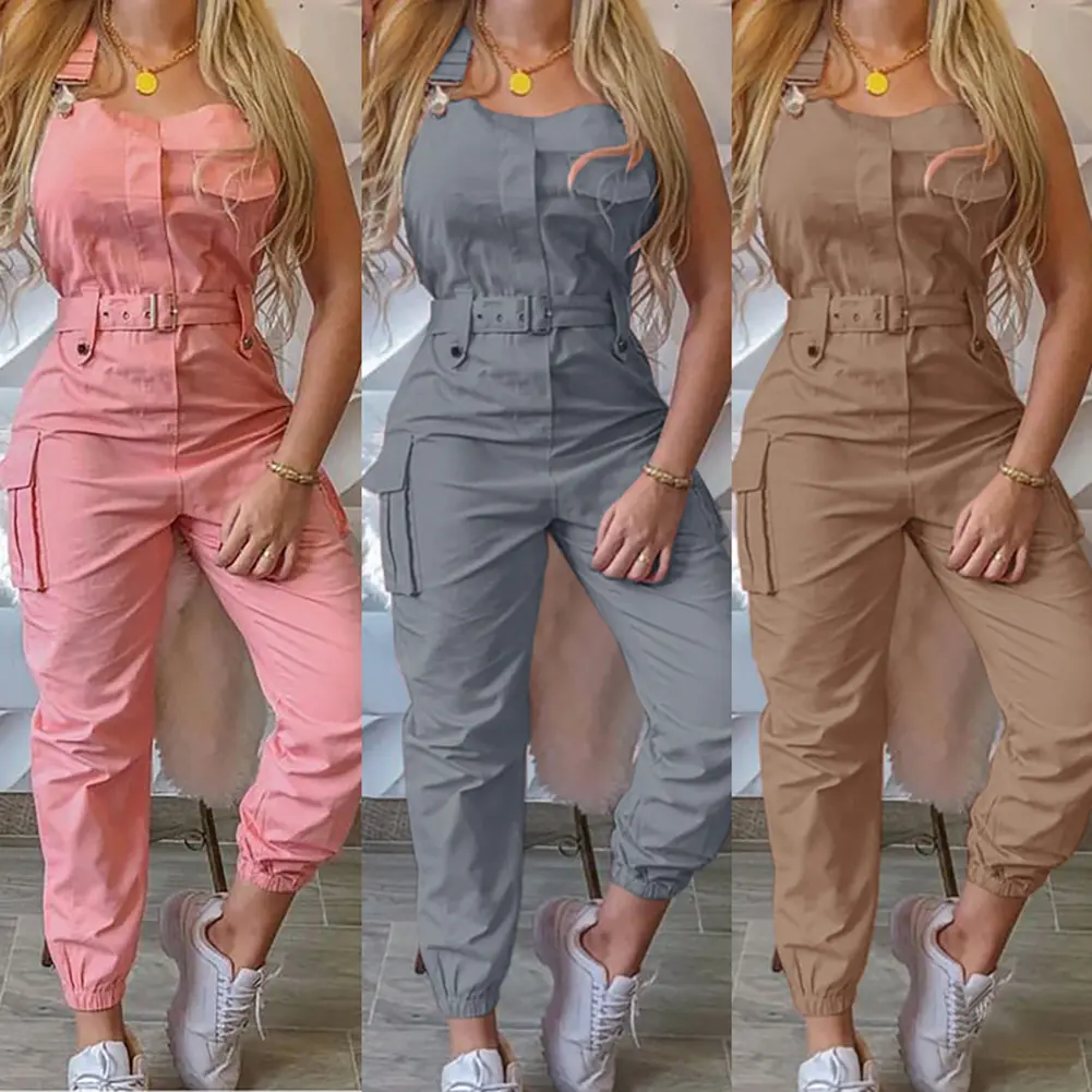 [mfttuget]Women Fashion Sleeveless Pockets Blet Ankle Tied Long Pants Overall Jumpsuit