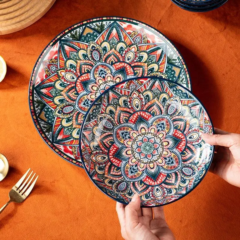 Vintage Floral Pattern Ceramic Plate, 4 Counts/set Boho Style Deep Plate, Household Tableware for Home Kitchen Dining Room