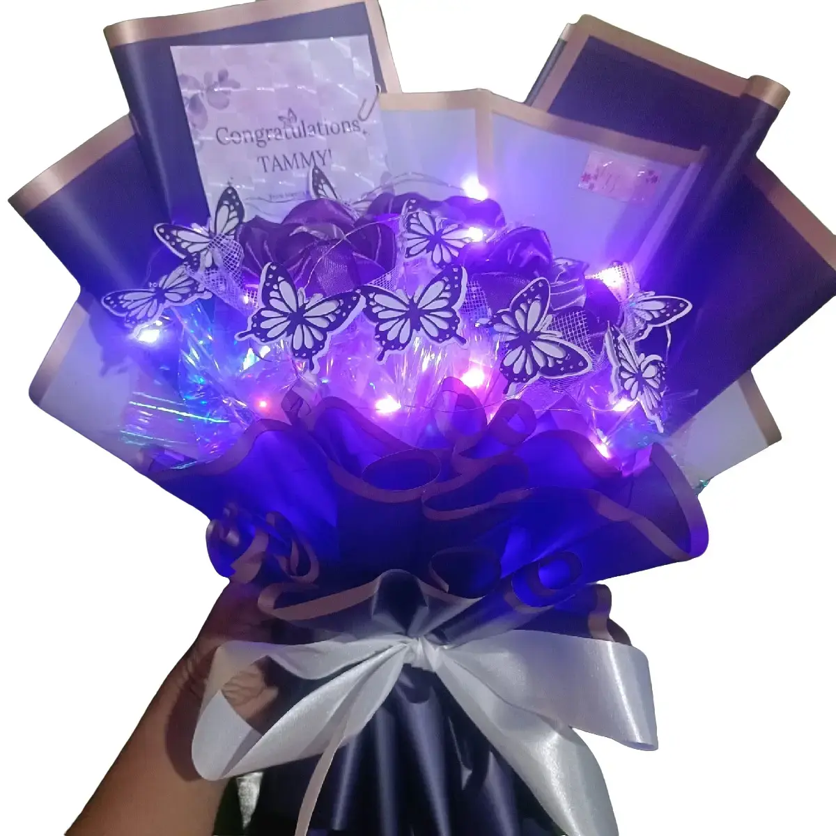 Purple Satin Rose and Butterfly Bouquet with Fairy Lights with Note Card perfect for gifts