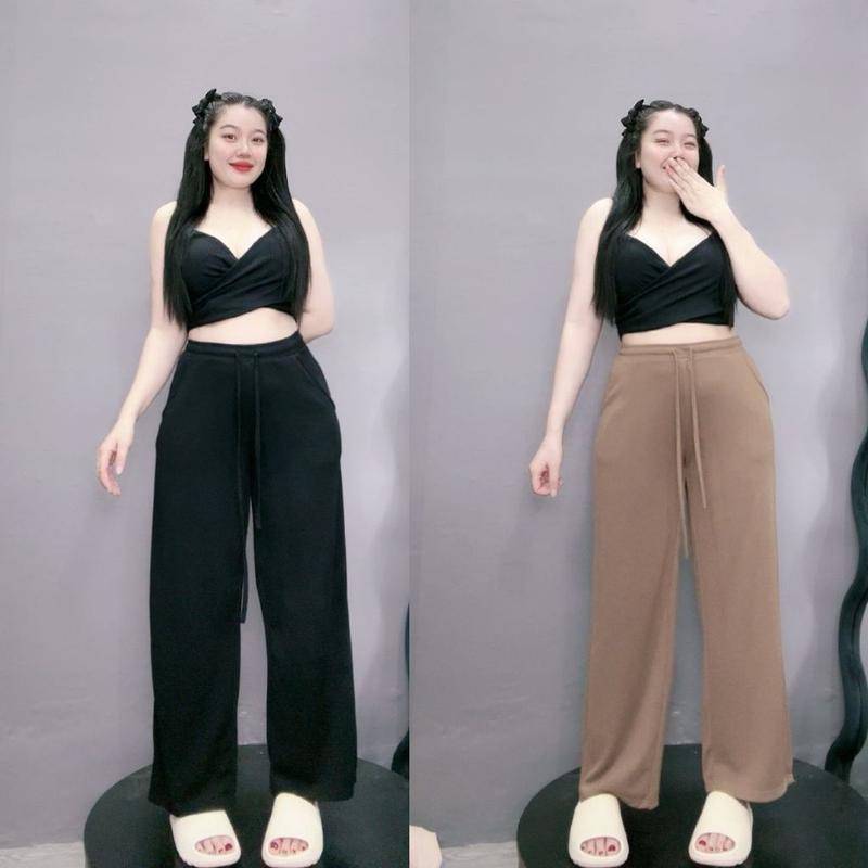 Quần ống rộng bigsize nữ Dây rút eo chun chất vải gân tăm co giãn thoải mái màu sắc basic - Q20