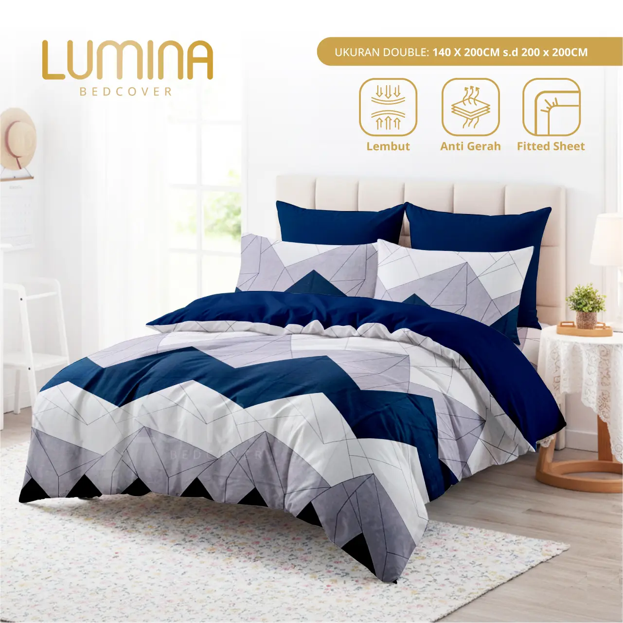 Lumina Bedcover - Sprei & Bedcover Set Kenzoo Mix Navy - Ukuran Lengkap 140x200/180x200/160x200/200x200