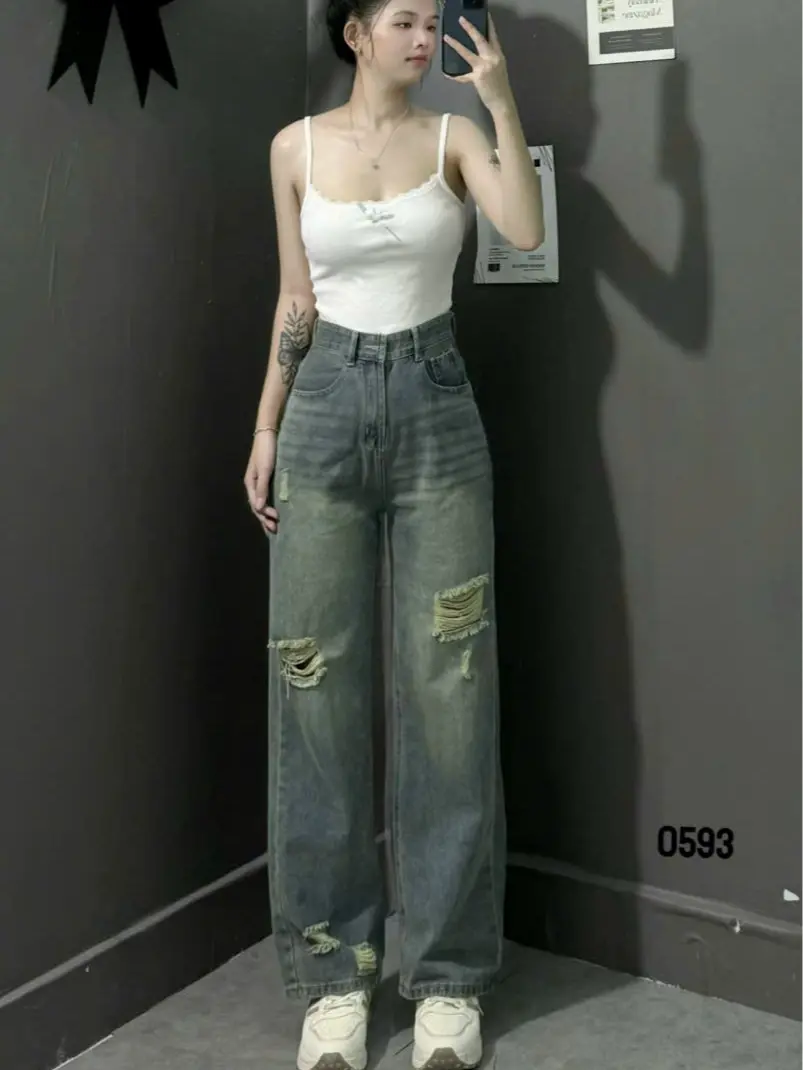 Quần ống suông rộng jean nữ Bigsize  kiểu dáng rách Đùi
