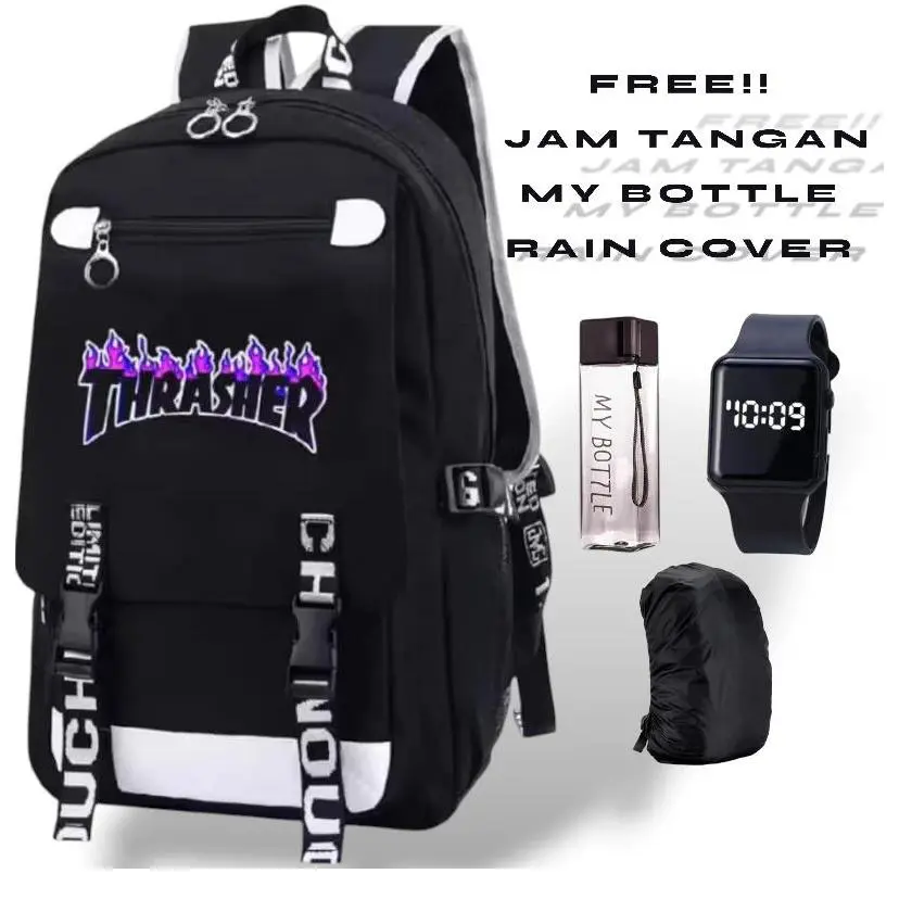 TAS SEKOLAH ANAK LAKI LAKI PEREMPUAN THRASHER BLACK EDITION TAS RANSEL SEKOLAH ANAK SD SMP REMAJA FASHION KEKINIAN TAS ANAK LAKI LAKI 4IN1 JAM LED MY BOTTLE BANYAK BONUSNYA