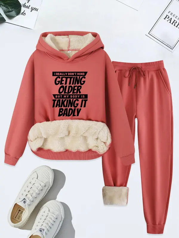 Women's Letter Print Thermal Lined Sweatshirt & Drawstring Waist Sweatpants Two-piece Set, Casual Long Sleeve Hoodie & Pocket Jogger Pants, Women's Fall & Winter Clothes 2