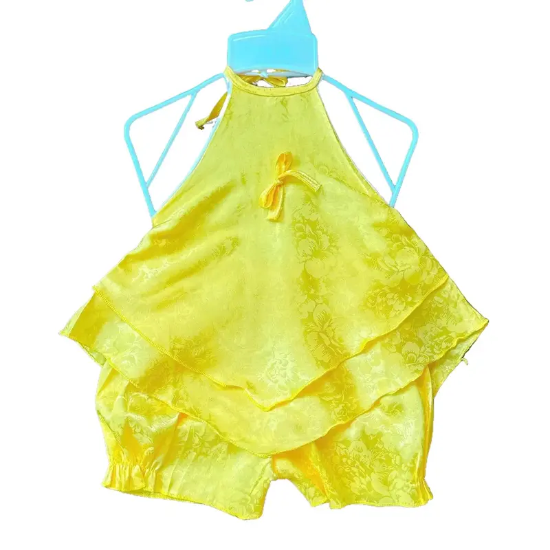 S300 Sét yếm gấm nhọn tà 2 tầng quần ống túm nhún dễ thương cho bé 8-23kg 0