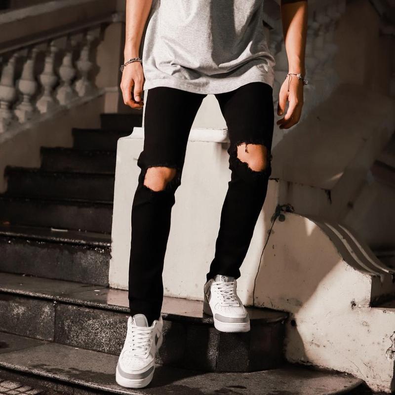 Quần Jeans Skinny Đen Rách To Ngang Gối,quần bò xanh rách gối nam dáng slim fit co giãn có BIGSIZE
