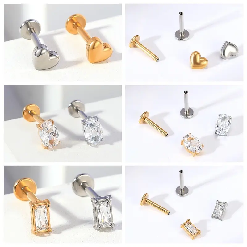 1Pc Stainless Steel Lip Piercings Love Shape Labret Piercings Geometric Crystal Stud Earrings Internal Spiral Labret Piercings 1