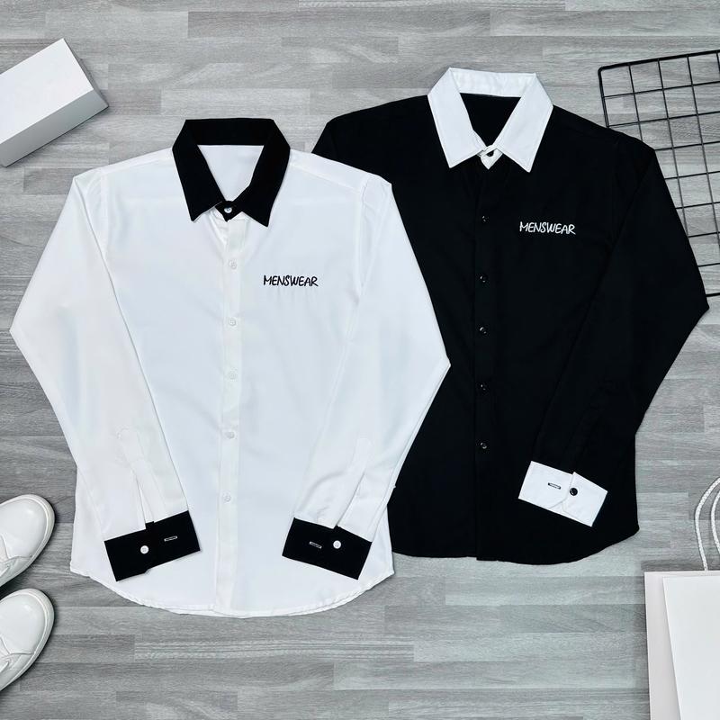 [P121] Áo sơ mi nam tay dài vải cotton phối kiểu dáng đơn giản thanh lịch sang trọng màu đen màu trắng có cổ Shirt Menswear Top