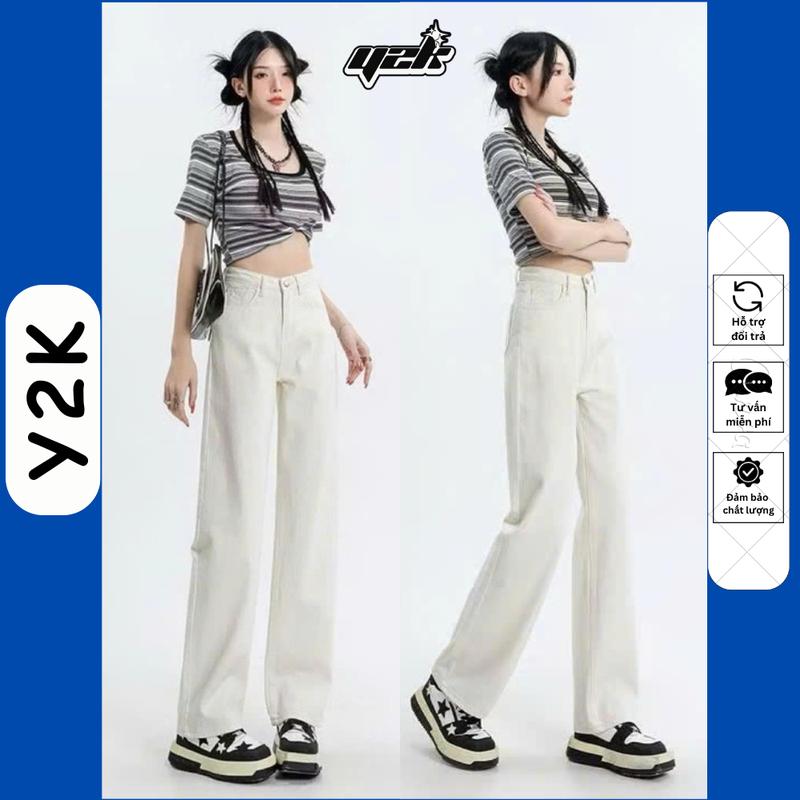 (SUÔNG NẤM LÙN) Quần JEAN Nữ SUÔNG TRẮNG THÊU THỎ Lưng Cao Ống Rộng CHO NẤM LÙN Y2K Women Pants