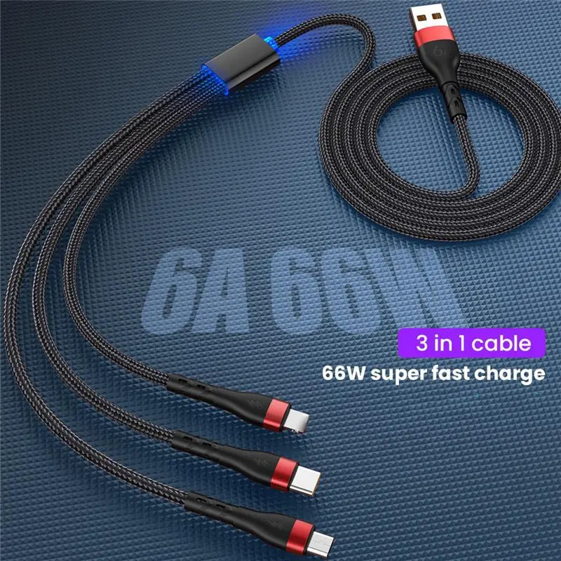 （PP-Centre）  3 in1 siêu nhanh Cáp sạc 6A với đèn báo nylon bện dòng dữ liệu cáp USB để IOS Android Loại C cho điện thoại 0