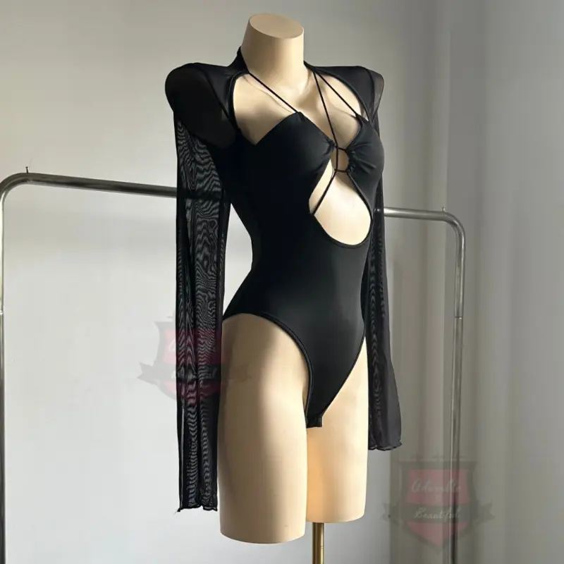 [Tổng Hợp] Bodysuit Đen Thun Tay Dài Lưới Cut Out Sexy Quyến Rũ, Áo Liền Thân Dây Ôm Body Hở Ngực [AdorablexBeautiful] 0
