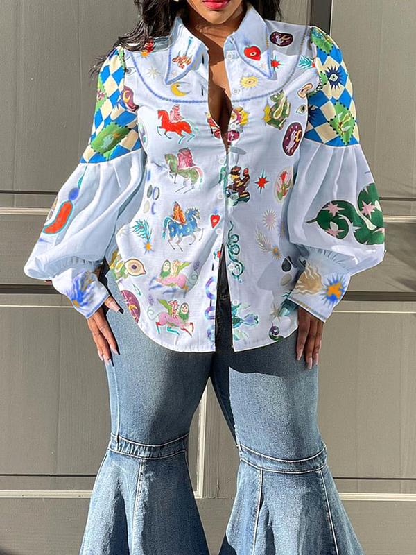 Plus Size Galaxy & Animal Print Button Front Shirt, Retro Lantern Sleeve Collared Top, Gift Set for Women, Women's Plus Clothes for Daily Wear 3