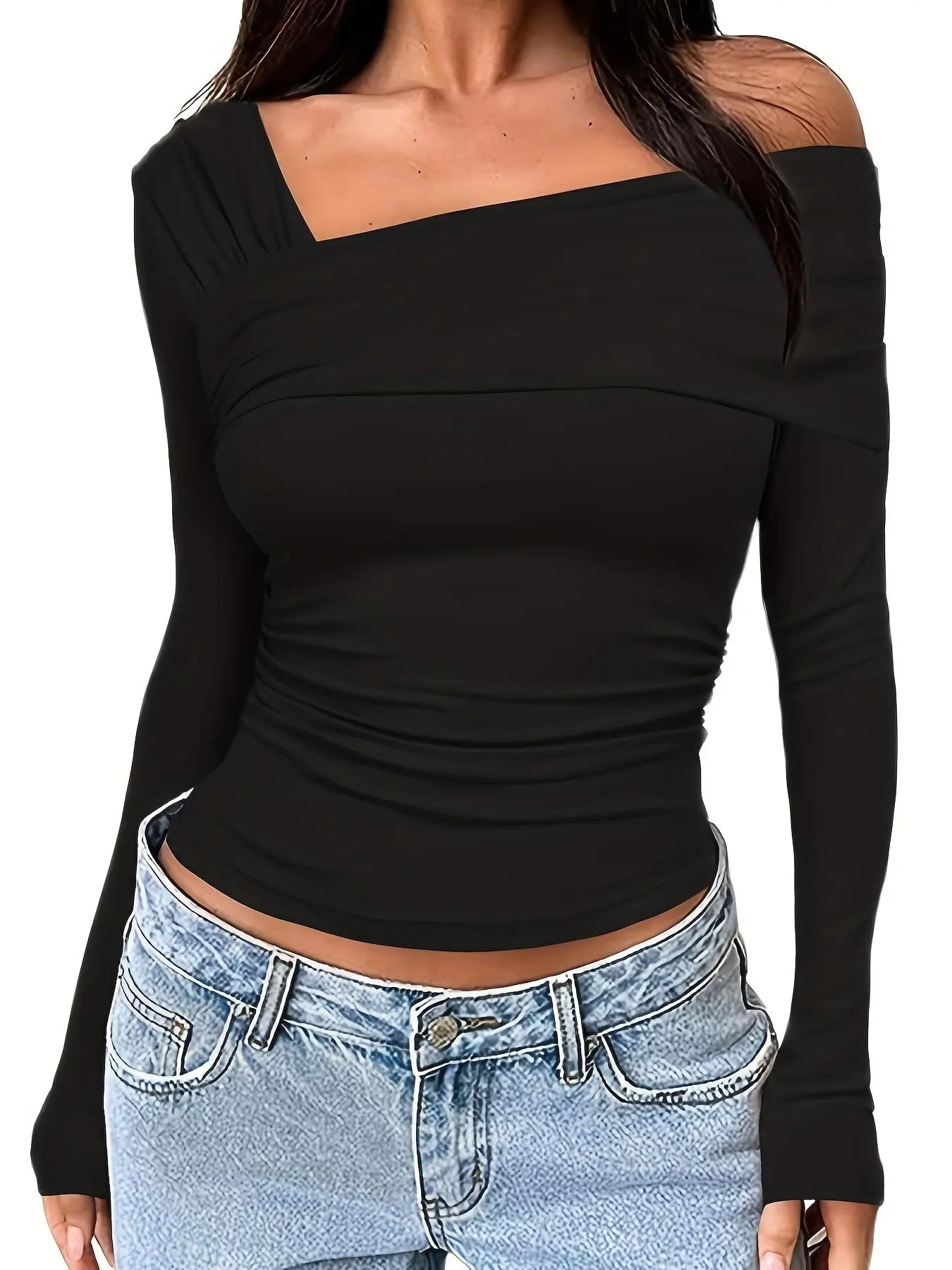 Women's Solid Color Ruched Asymmetrical Neck Tight Sleeve Tee, Summer Clothes, Casual Long Sleeve T-Shirt for Spring & Fall, Women's Top for Daily Wear