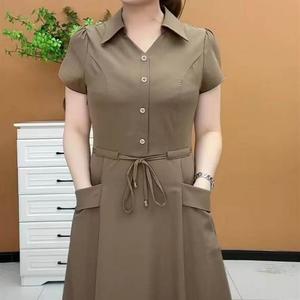 Middle age Mother Plus Size Fashion Foreign Flavour Short Sleeve Dresses Women Korean Style New Version Loose and Thin Lapel Dress defined waist