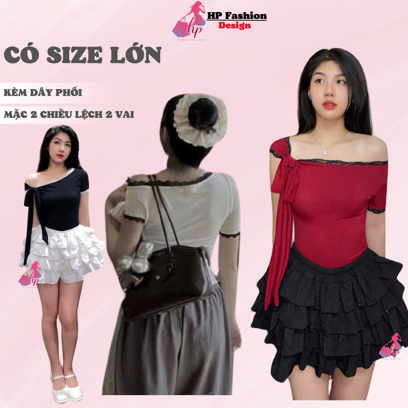 Áo thun lệch trễ bệt vai ôm body phối ren áo kiểu nữ đỏ đô đen noel tết xmax tôn dáng sang chảnh HP20 Nhung Top Women có bigsize