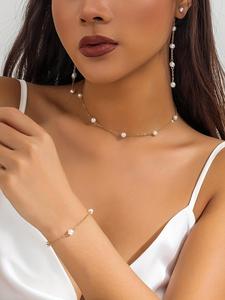 Faux Pearl Decorated Jewelry Set, Fashion Necklace & Dangle Earrings & Bracelet for Party, Daily Decor, Trendy All-match & Exquisite Jewelry for Birthday Gift