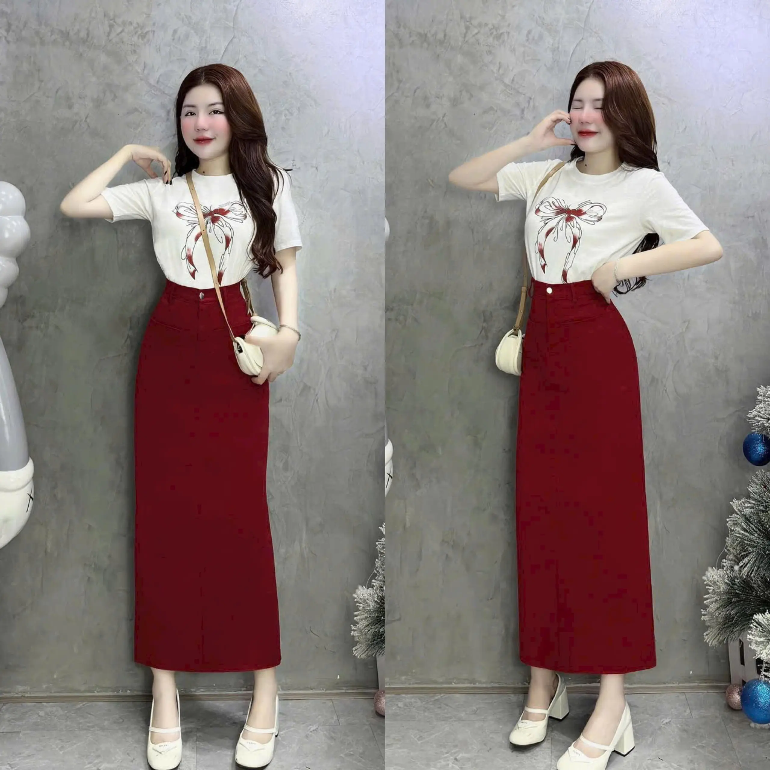 Set áo tăm lạnh tay ngắn cổ tròn in họa tiết nơ phối chân váy kaki dài xinh xắn cho nàng đi chơi và dạo phố
