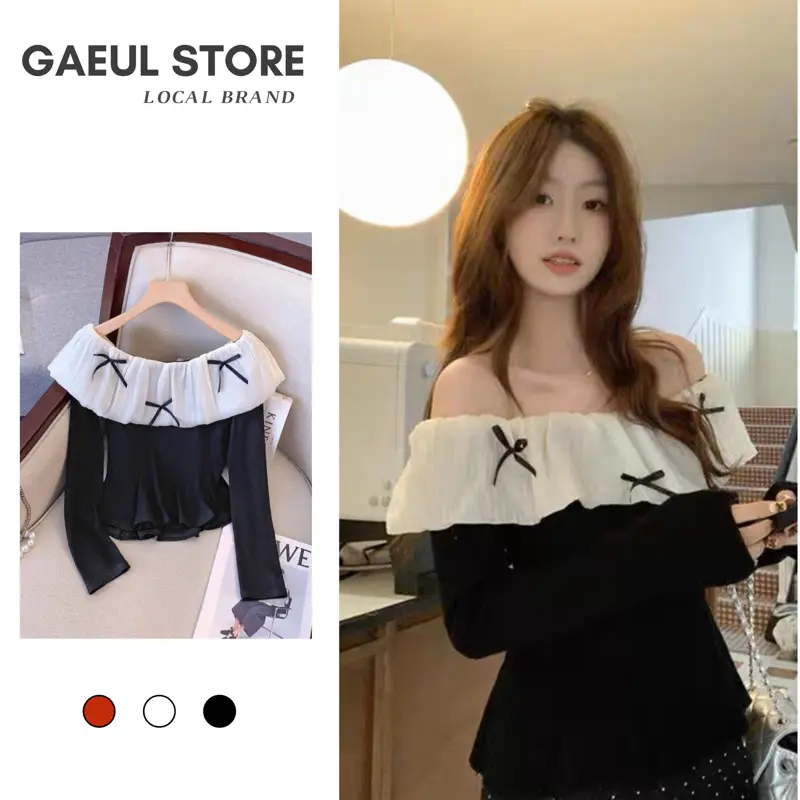 Gaeul store- áo thun tăm trễ vai viền bèo điệu đà phối nơ nhỏ