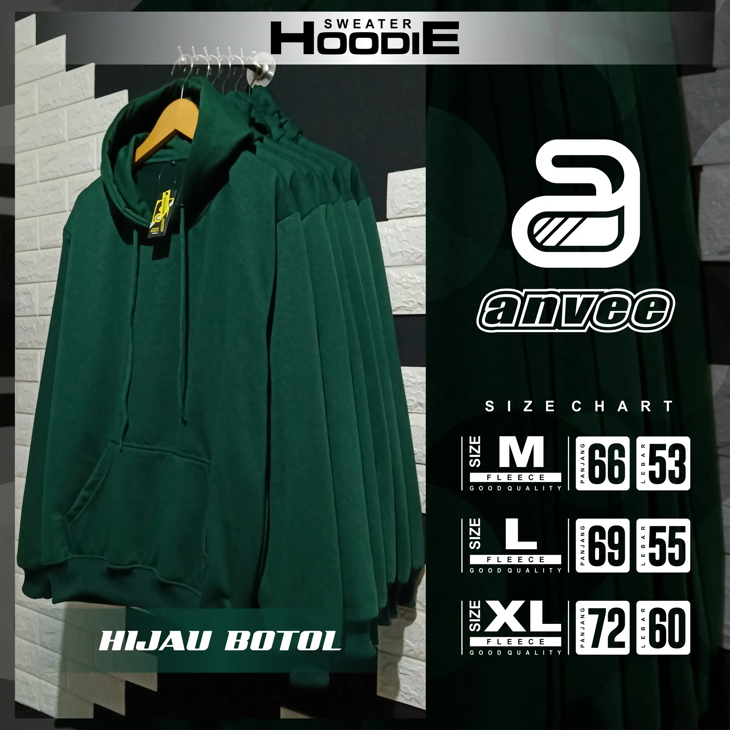 Anvee Sweater Hoodie Polos Pria Wanita Hijau Botol