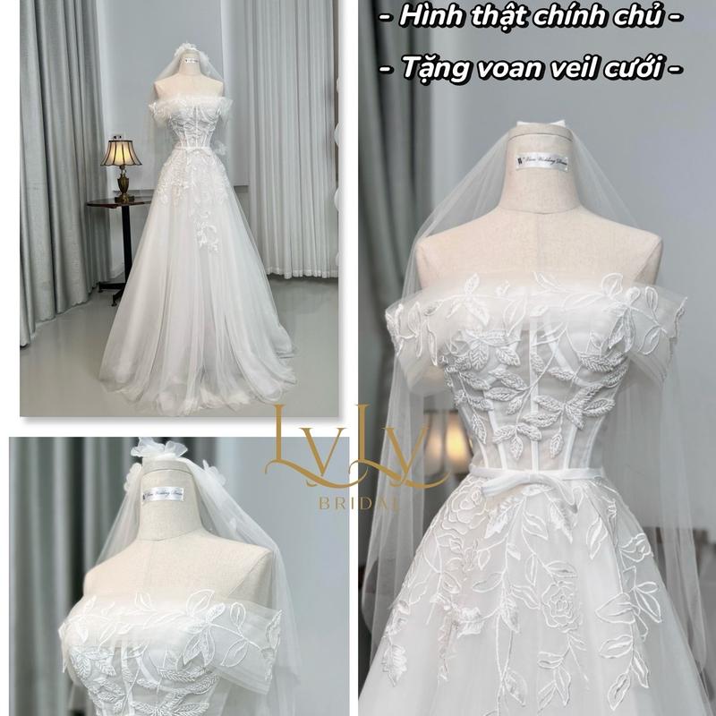 VÁY ĐI BÀN TRỄ VAI,VÁY CƯỚI HOA VI TÍNH .TẶNG KÈM VOAN CÀI ĐẦU vaydi  ban