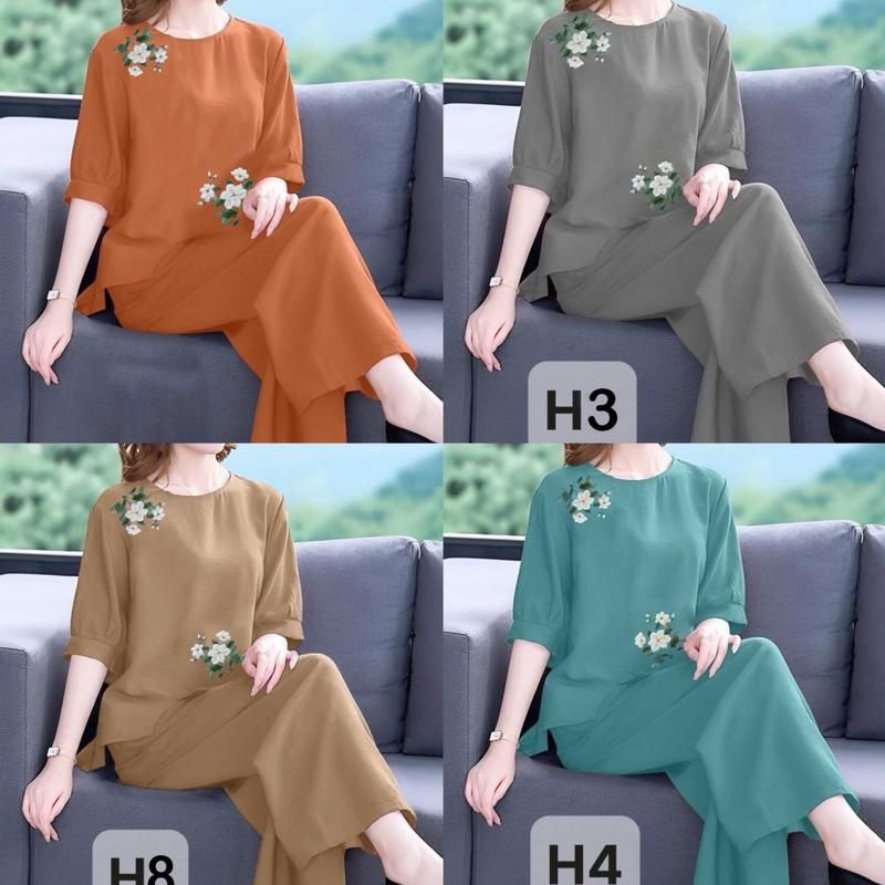  Bộ đũi hoa thêu tay lỡ  quần ống xuông rộng cho mẹ mặc mùa hè chất liệu đũi mịn mát Áo set luan  Nữ Top 