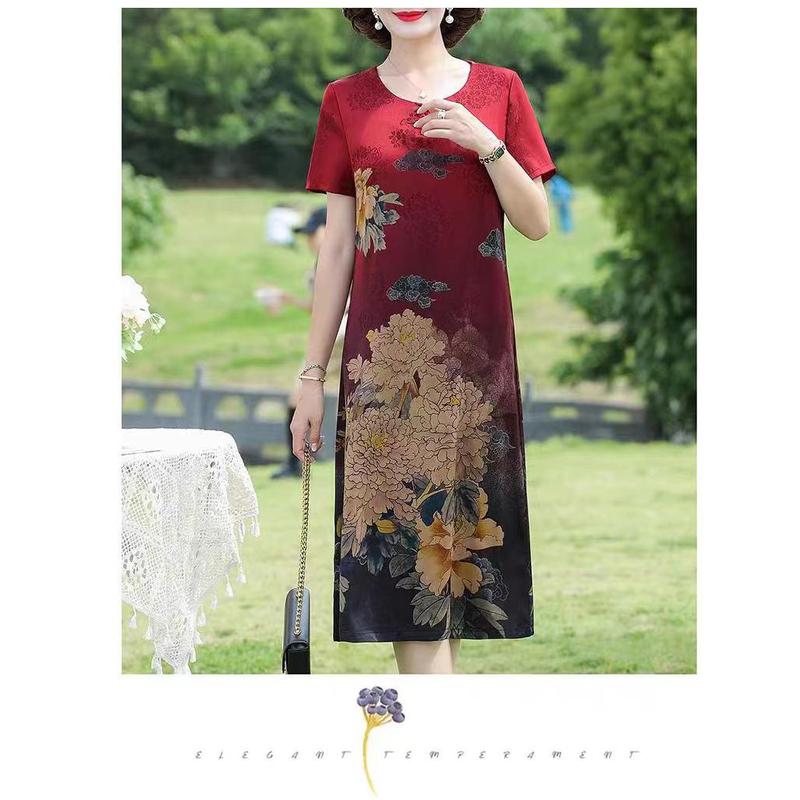 Quần Áo Nữ, Ngoại Cỡ, Váy Lụa Lạnh Nặng, 100,00kg, Trung Người Già Và Cao Tuổi, Mẹ Béo Quý Phái, Váy Sườn Xám Giả Lụa Dâu Tằm 2