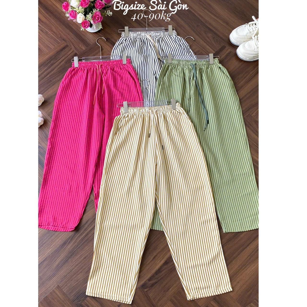 Quần Baggi Nữ Kẻ Sọc Vải Cotton Xốp Cạp Cao Thời Trang Bigsize Nữ 45-95Kg Women Ong Pants Đen - B.1509
