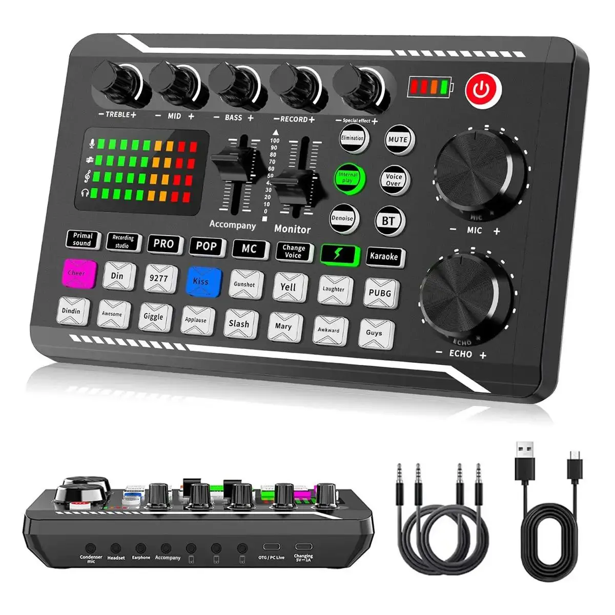 Wireless Live Audio Card Device, BT Connection DJ Sound Control Equipment with Sound Converter/Mixer, Network Live Broadcast Device for Music Singing Gaming