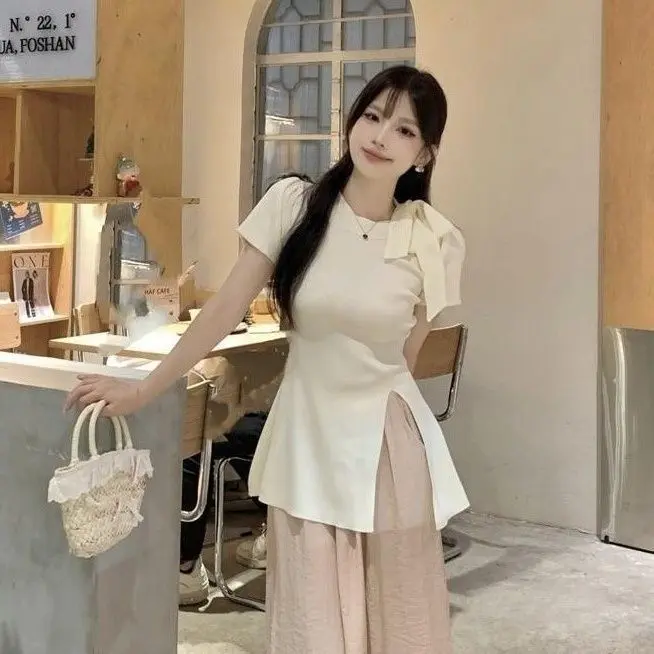 Áo Thun Dành Cho Nữ, Phong Cách Pháp, ngắn Tay, Vai Thường, Mỏng Vừa Vặn, Thiết Kế Cắt Thắt Nơ, Thời Trang Mùa Hè 2024, Eo Rút Sang Trọng, Áo Thanh Lịch