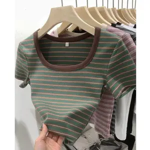 kaos Square Neck stripe lengan pendek slimfit atasan wanita kekinian casual indah korean style COD