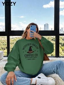 YOZY Women's Witches Brew Print Drop Shoulder Sweatshirt, Casual Letter Print Long Sleeve Round Neck Pullover for Fall & Winter, Women's Clothes for Daily Wear