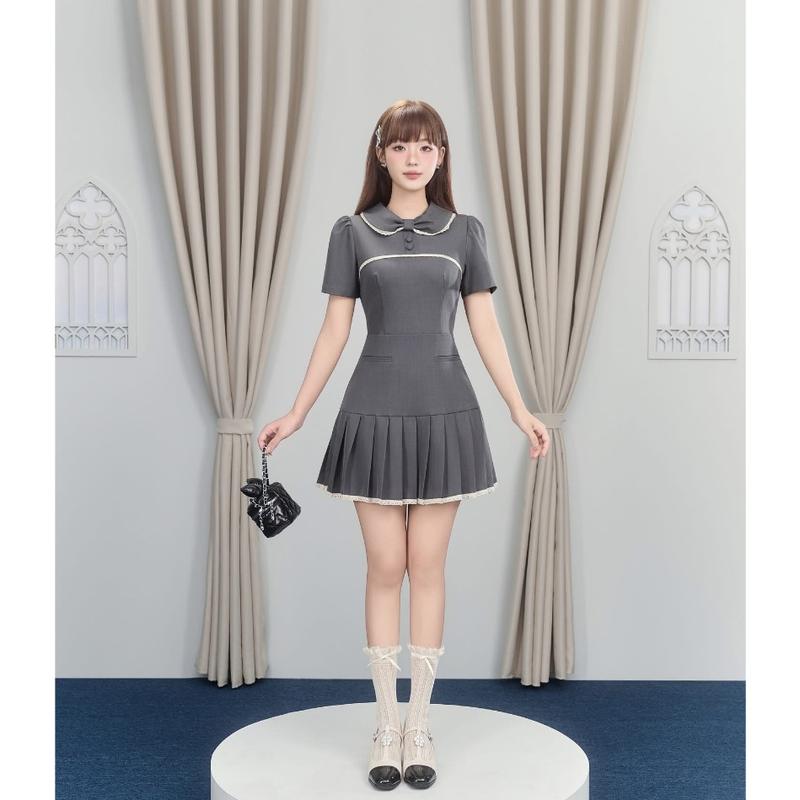 (40-80kg) Đầm Váy Cổ Nơ Viền Ren Tùng Xếp Li 2 Túi Mổ (Có BigSize) UnihomeClothing CQ264