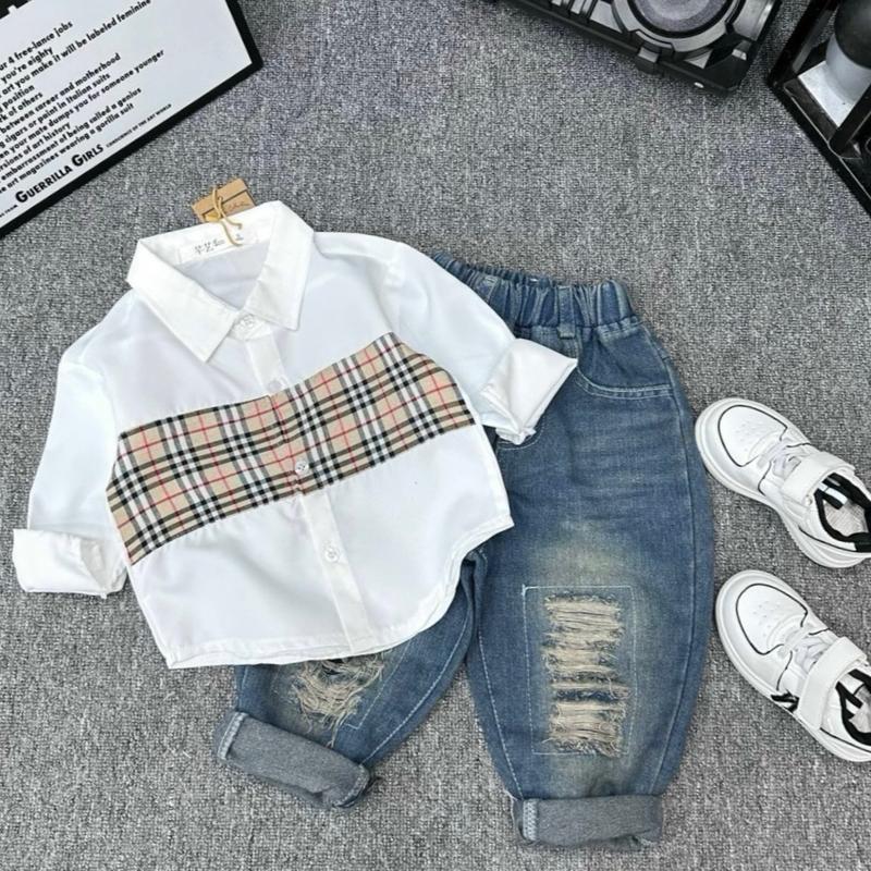 [PamKids] Bộ quần áo sơ mi trắng kẻ BBR + quần jean cá tính cho bé trai