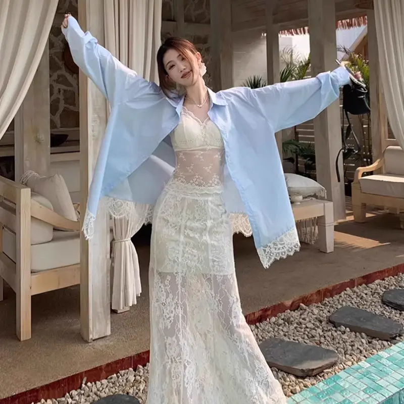 Áo Sơ Mi Dài Tay Dáng Rộng Khâu Ren, Dành Cho Nữ, Vải Polyster Và Cotton, Cổ Polo, Thiết Kế Đẹp, Phong Cách Kỳ Nghỉ, Chống Nắng, Hàng Mới Về Mùa Xuân Và Mùa Hè 2025