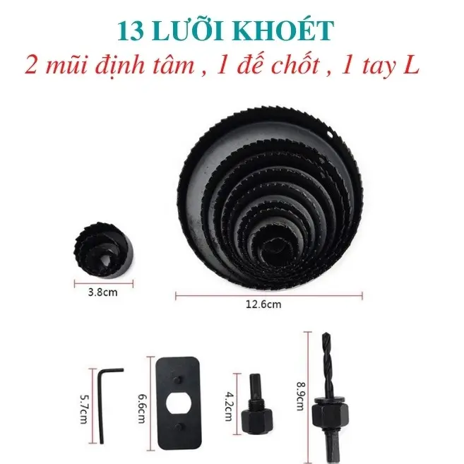 Mũi khoan khoét lỗ tròn thạch cao, gỗ, nhựa, alu - 13 size vành khoét 19, 22, 25, 28, 32, 38, 44, 54, 64, 76, 89, 102, Ø127mm 3