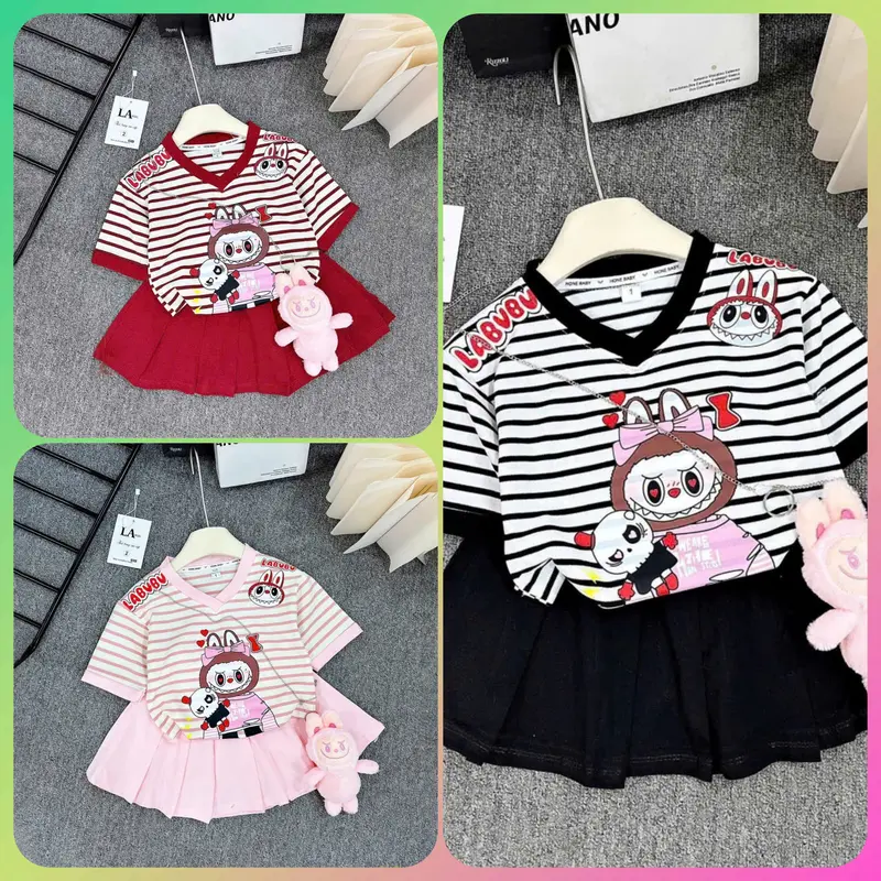 Sét bộ chân váy xếp ly cổ tim Labubu cho bé gái size 7-41 kg Mẫu L1 - Chất liệu Cotton mềm mại (có lót trong) 6