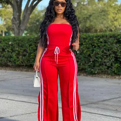 Women's Striped 2-Piece Lounge Set – Strapless Crop Top & Wide Leg Pants, Elastic Waistband