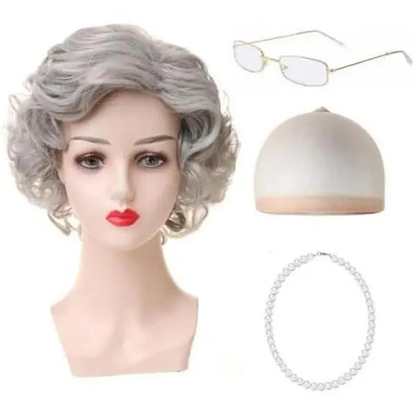 4 Piece Old Lady Short Curly Grey Wig Cap Pearl Necklace Glasses with Accessories Kit,Short Curly Layered Wig for Cosplay  Halloween Costume Wig. (Grey)