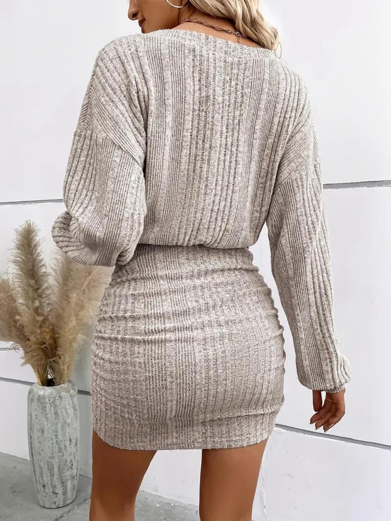 Product Introduction of Women's Plain Ruched Drop Shoulder Bodycon Dress, Casual Long Sleeve V Neck Short Dress for Fall & Winter, Women's Clothing for Daily Wear 7
